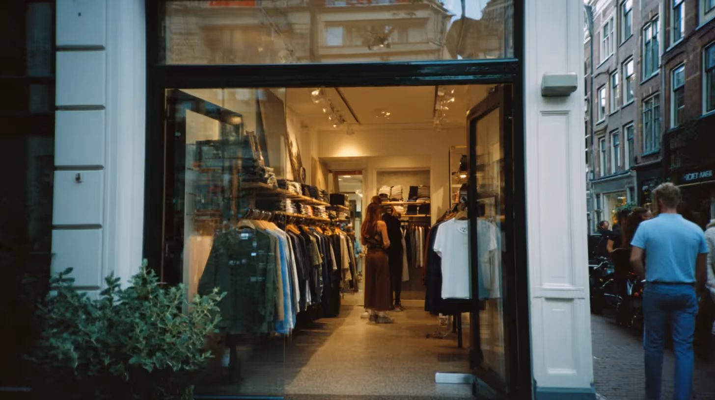 Een kleine kledingzaak in een winkelstraat.
