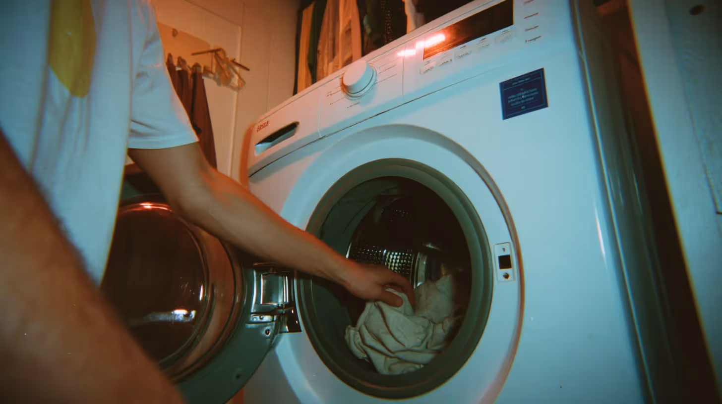 Een man in een wit t-shirt haalt schone was uit een wasmachine.