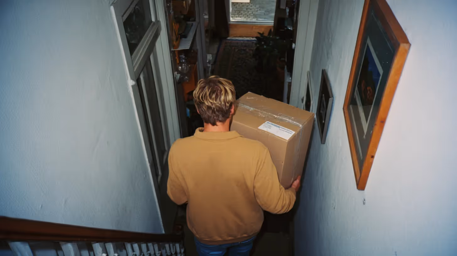 Een foto van een man die van de trap afloopt met een kartonnen verhuisdoos in zijn handen.
