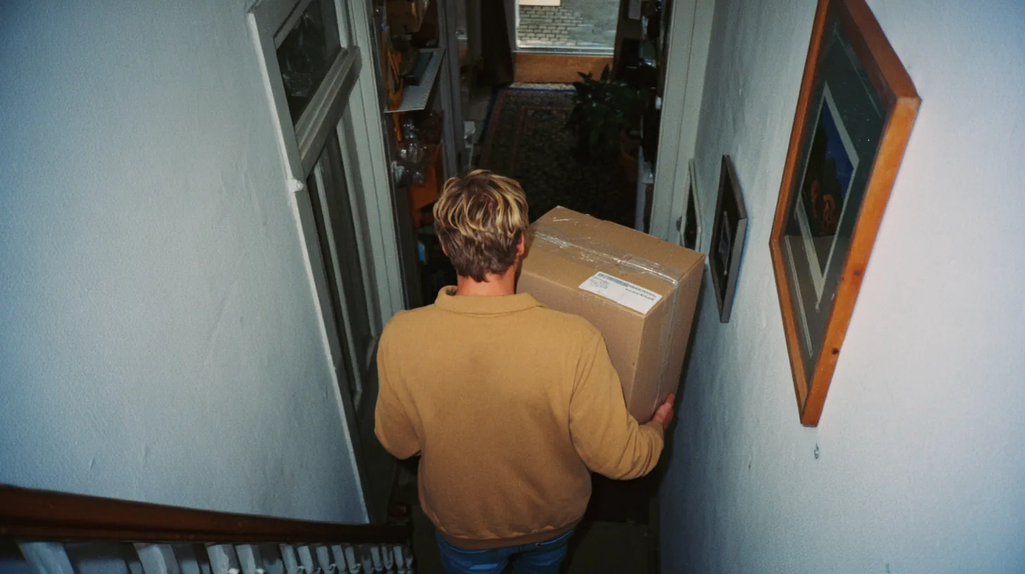 Een foto van een man die van de trap afloopt met een kartonnen verhuisdoos in zijn handen.
