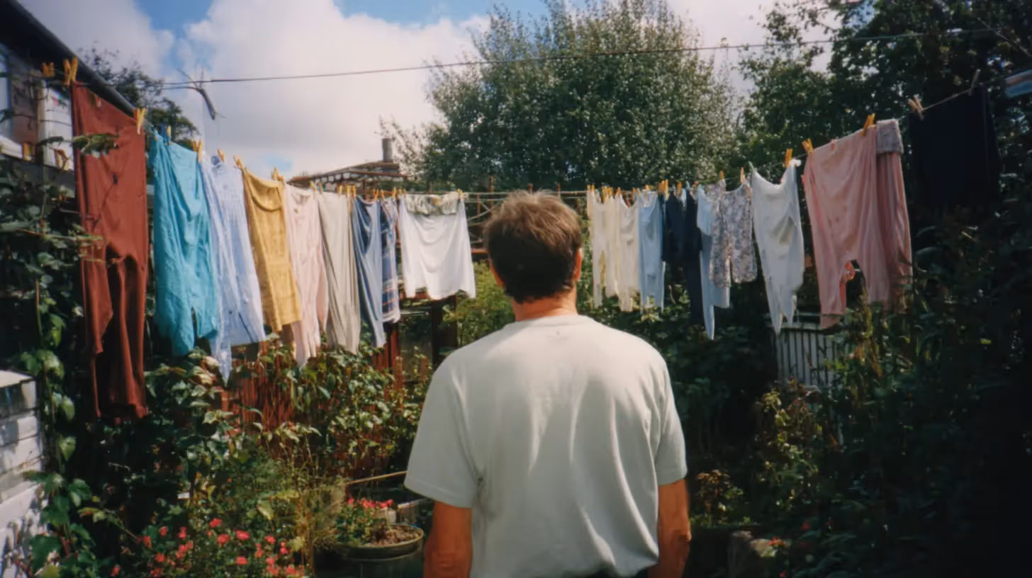 Een man staat in de tuin voor een waslijn waaraan kleurrijke was hangt.
