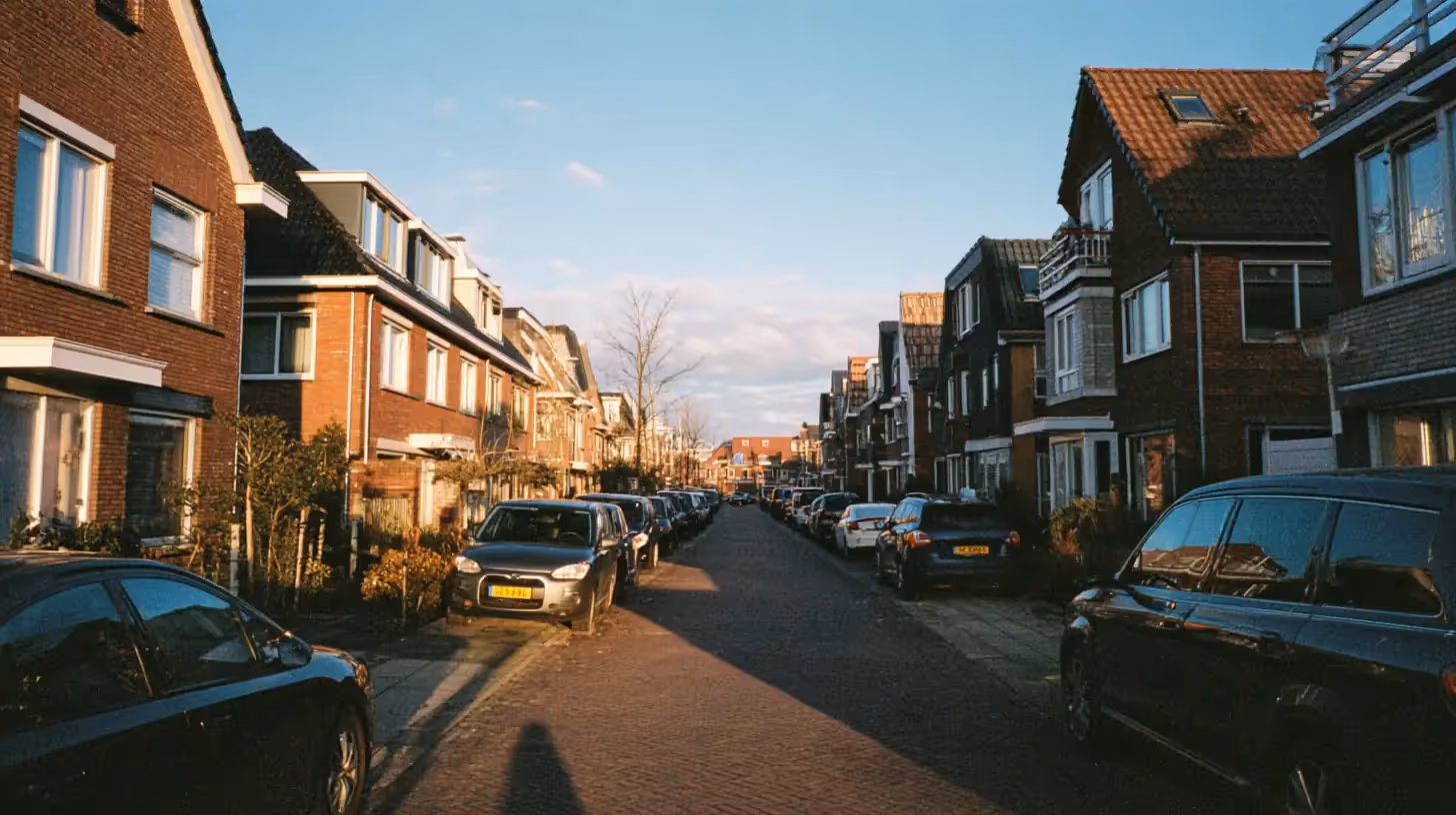 Nederlandse woonstraat met geparkeerde auto's en traditionele huizen.