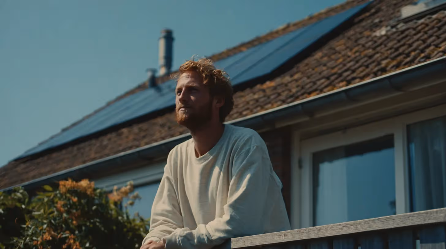 Een man met blond haar in een witte trui leunt over zijn balkon met een glimlach op zijn gezicht. Achter hem zie je een dak waar zonnepanelen op liggen.