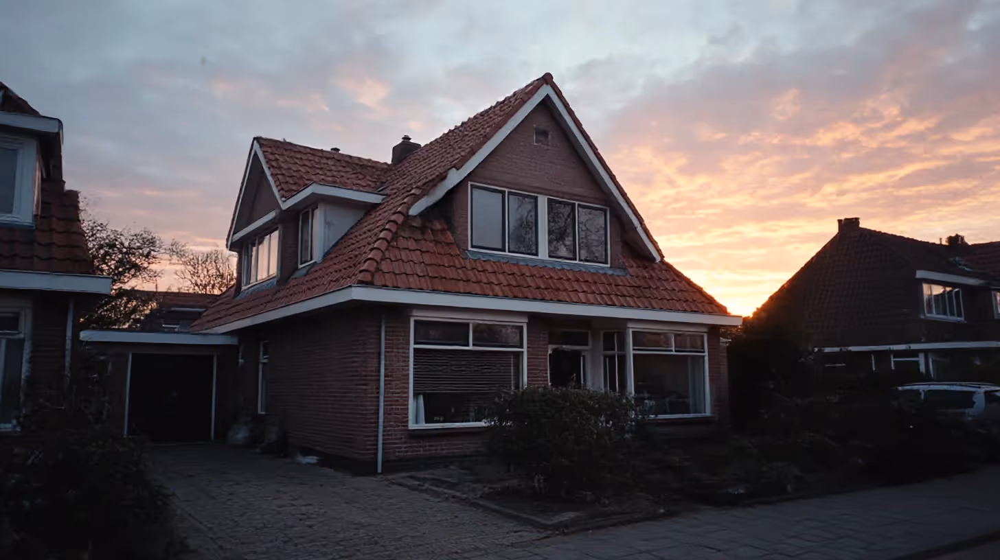 Een foto van een modern vrijstaand huis in de straat, met een zonsondergang op de achtergrond.