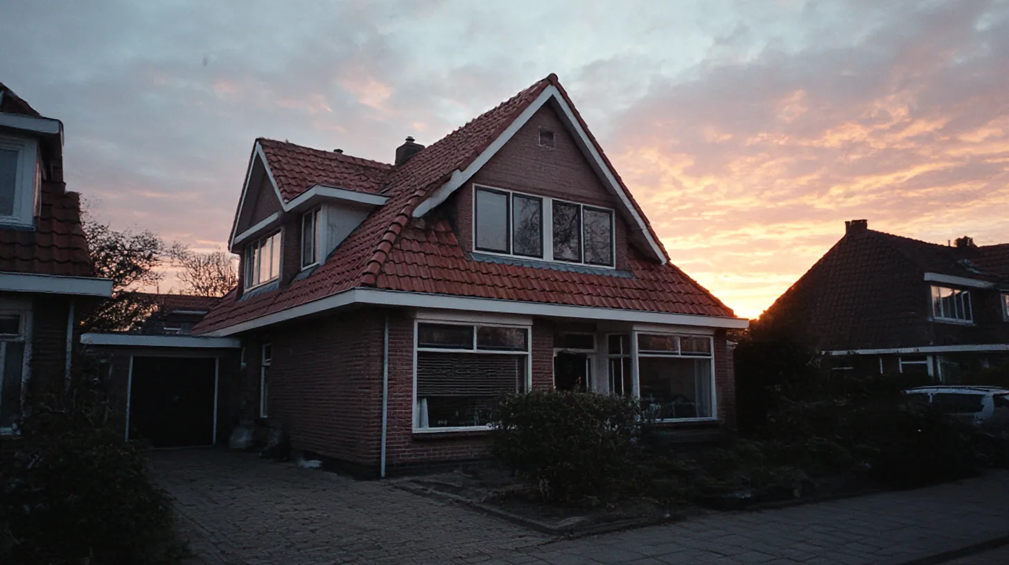 Een foto van een modern vrijstaand huis in de straat, met een zonsondergang op de achtergrond.