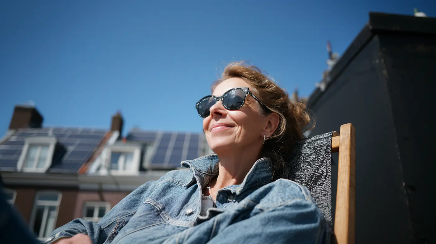 Een vrouw met zonnebril zit op een dakterras in het zonlicht.