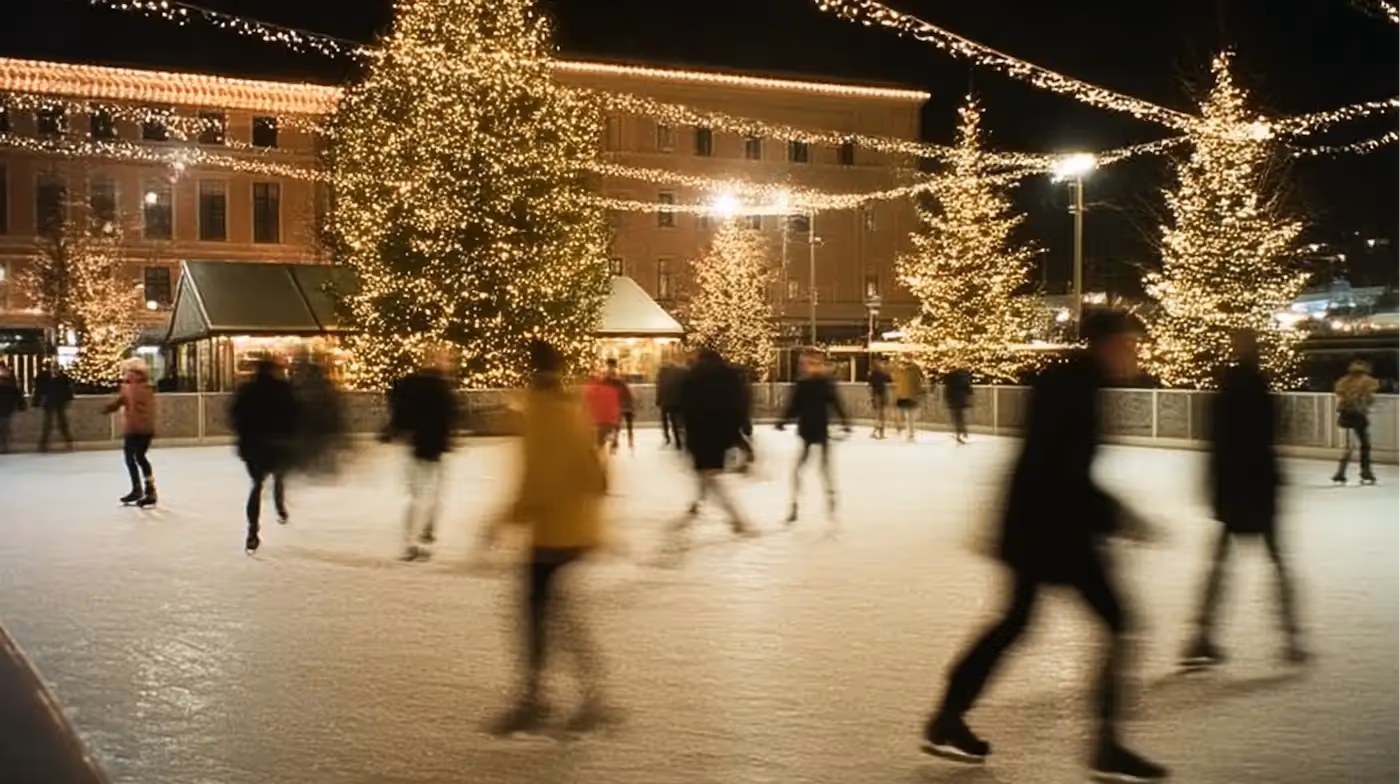 Een foto van schaatsers op een centrale kunstijs ring.