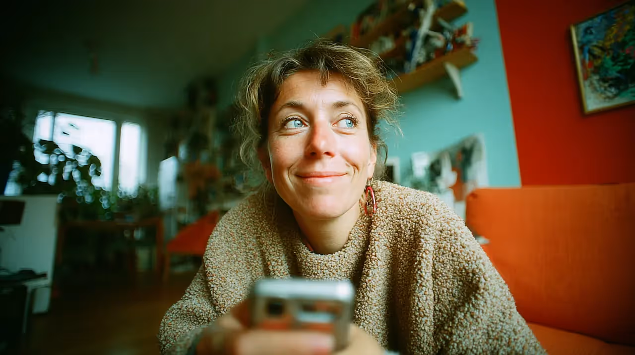 Een vrouw zit in haar woonkamer met een telefoon in haar hand en een glimlach op haar gezicht.