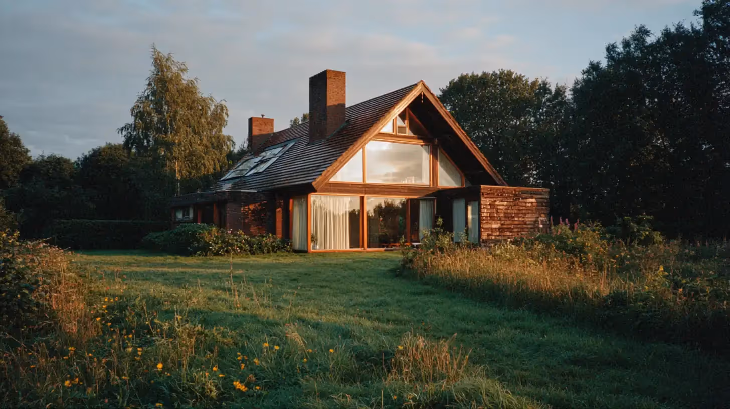 Modern vrijstaand huis met grote glazen pui en zonnepanelen op het dak, omgeven door groen landschap.