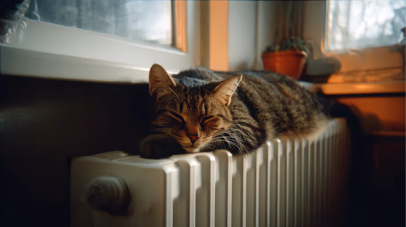 Een bruine kat ligt te slapen op een radiator bij het raam.