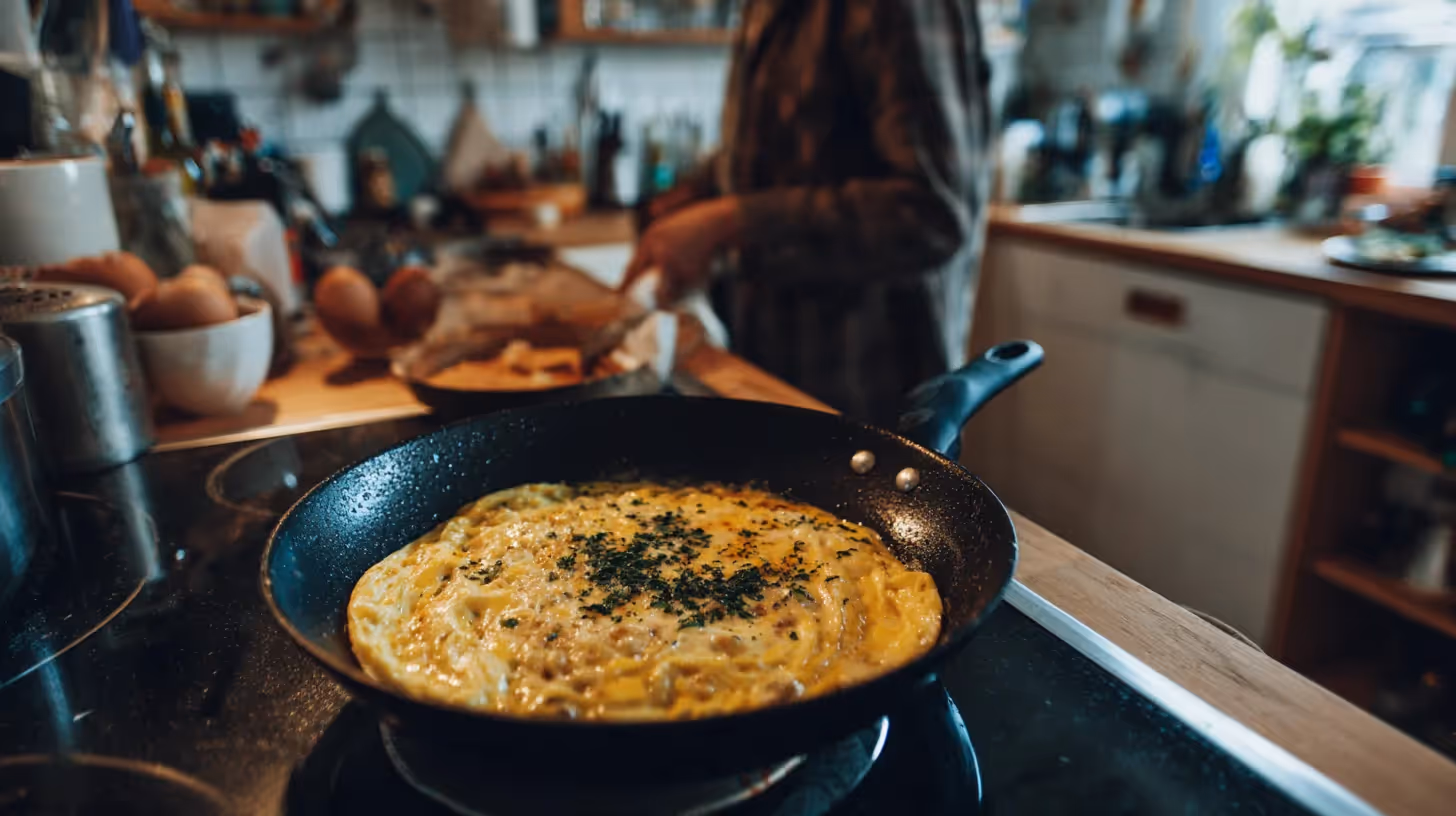 Een pan met een omelet er in ligt op een inductiekookplaat in een typische keuken.