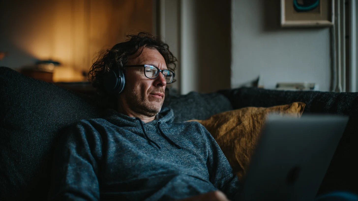 Een man met een koptelefoon op zijn hoofd zit op de bank met zijn laptop.