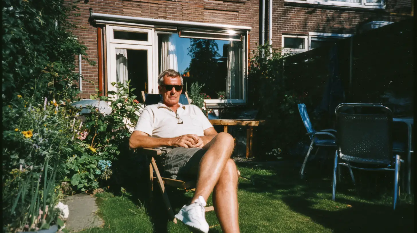 Een oudere man zit in een tuinstoel in zijn tuin op een zonnige dag.