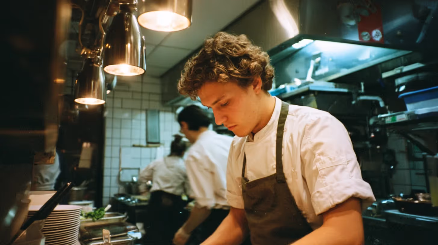 Een jonge man met blond krullend haar staat in een professionele keuken. Hij draagt een wit shirt met een donkergroen schort.