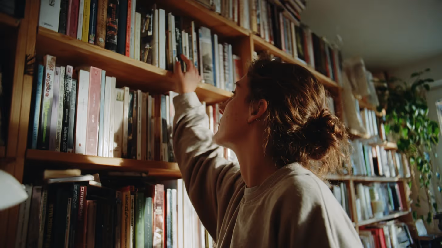 Een vrouw reikt naar een boek in haar boekenkast.