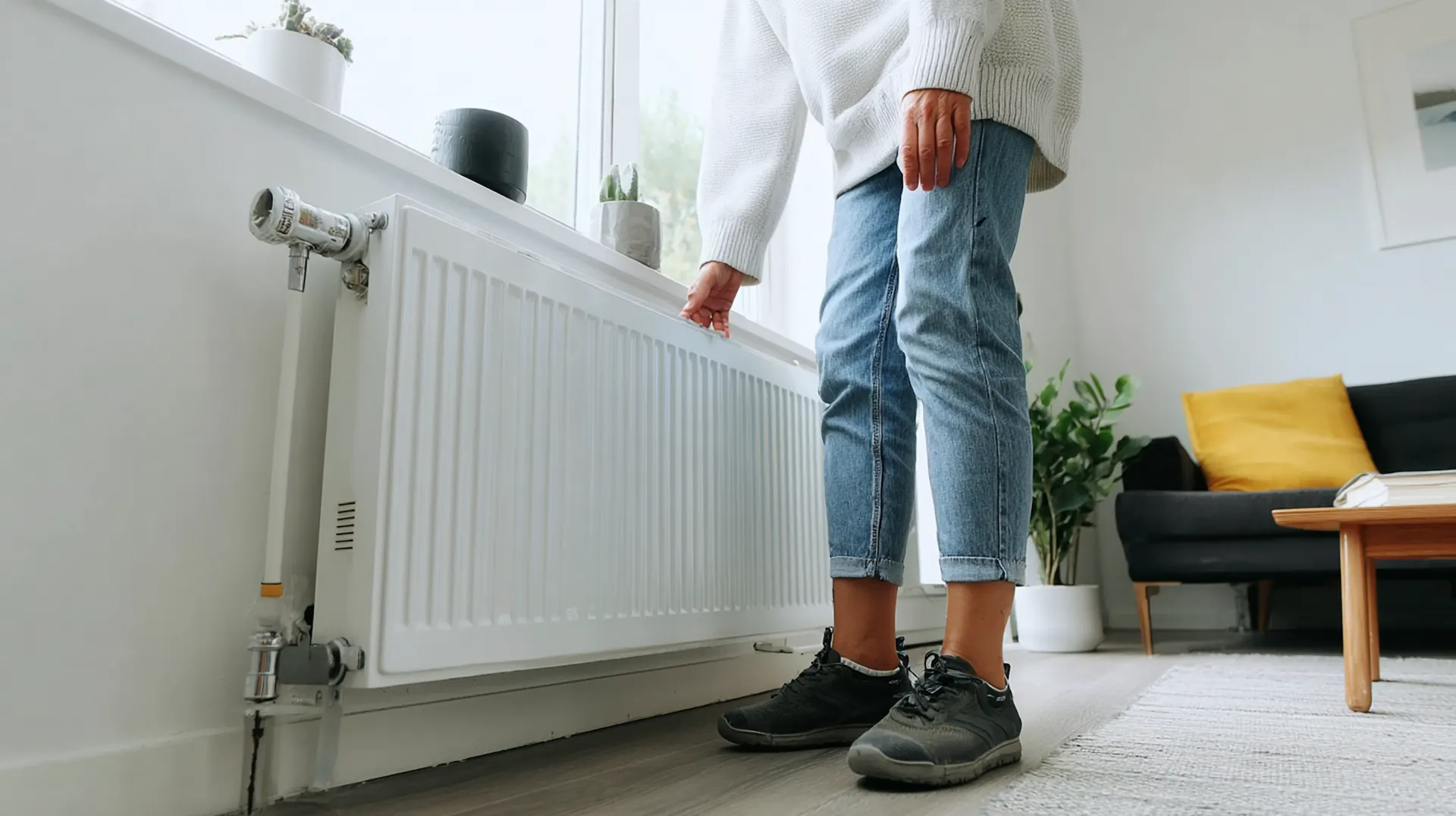 Een persoon in jeans voelt met zijn of haar hand aan een witte verwarming.