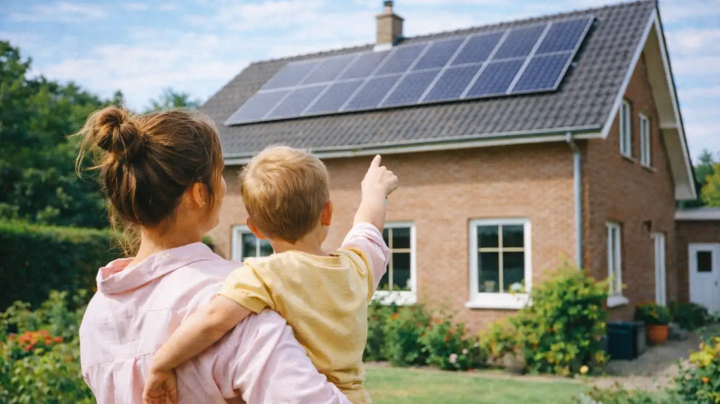 Moeder met zoontje in de arm die naar zonnepanelen wijst.