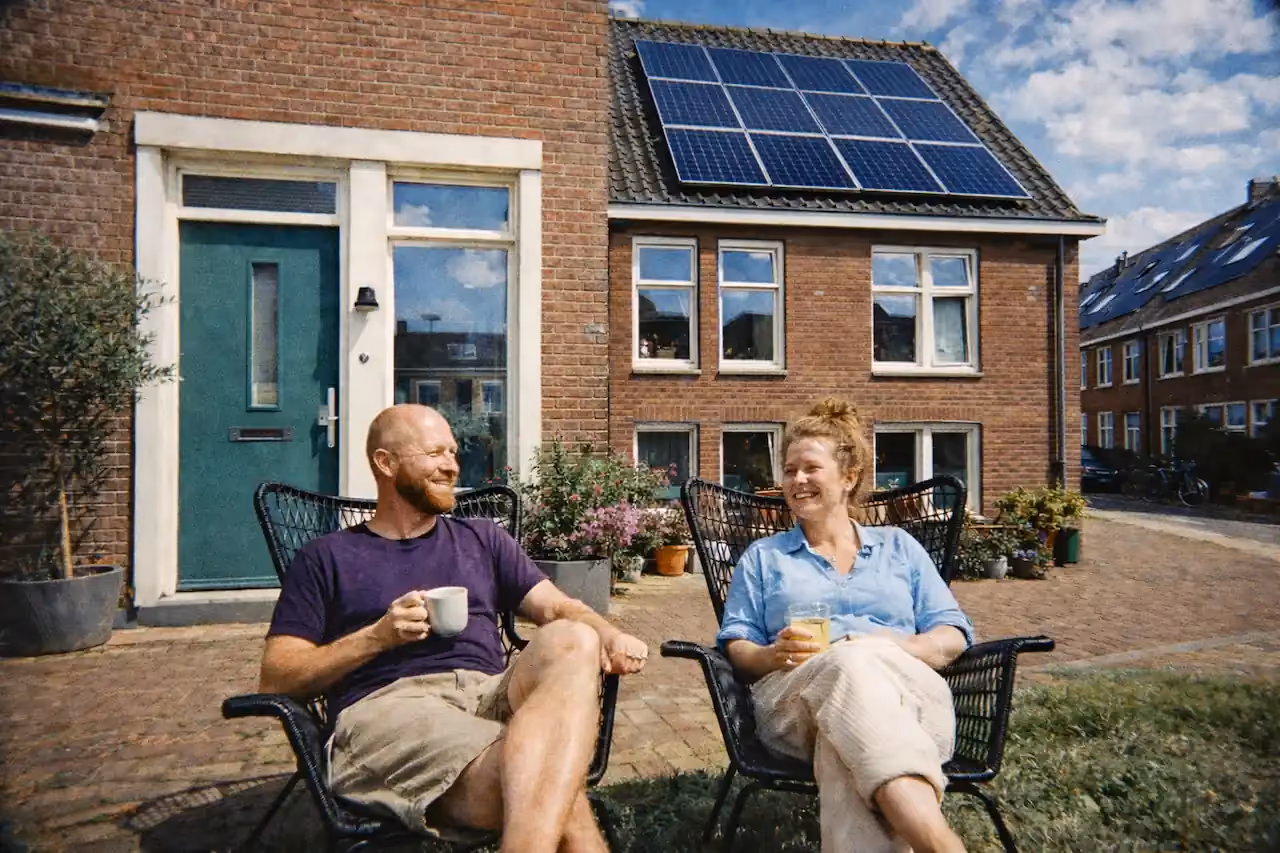 Een man en vrouw zitten buiten in de zon voor hun huis met zonnepanelen.