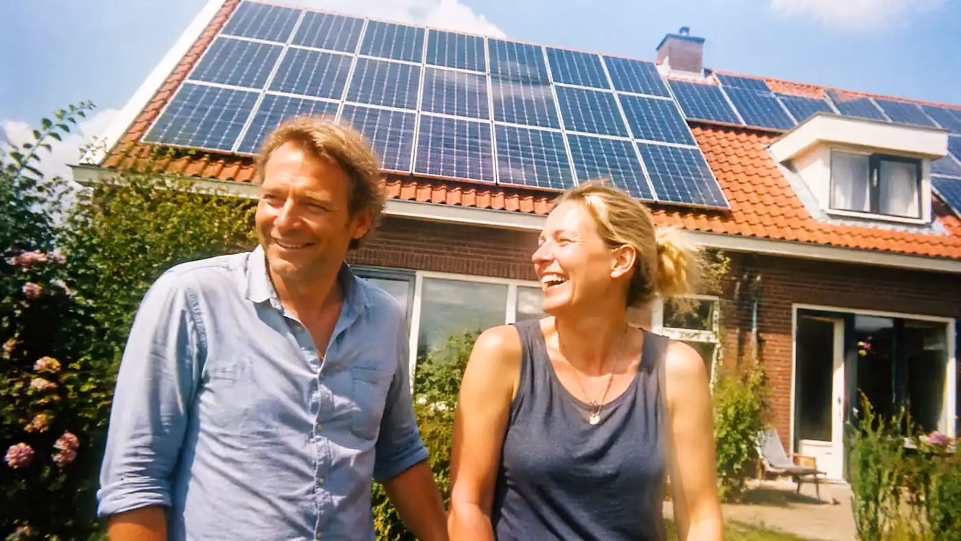 Een man en een vrouw zijn aan het lachen voor hun huis