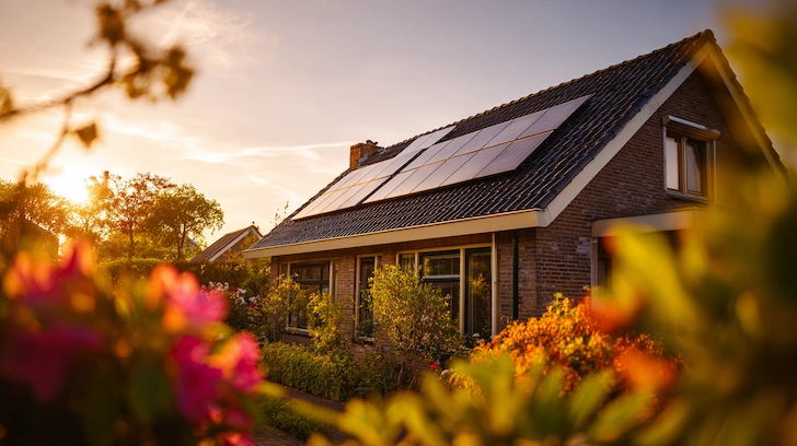 Een man met rossig haar staat met zijn armen gekruisd voor een huis met zonnepanelen.