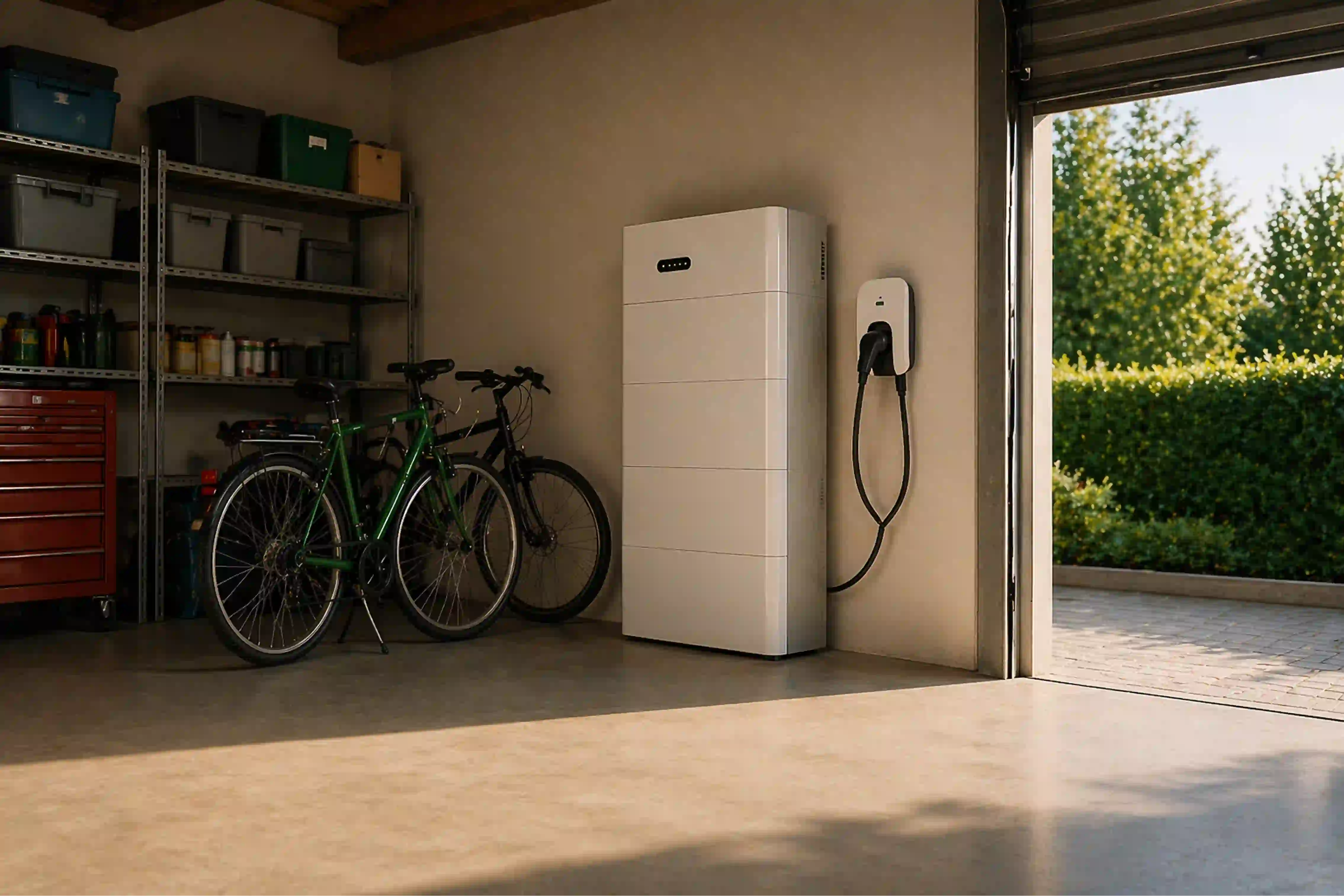 Een thuisbatterij in de garage van een woonhuis