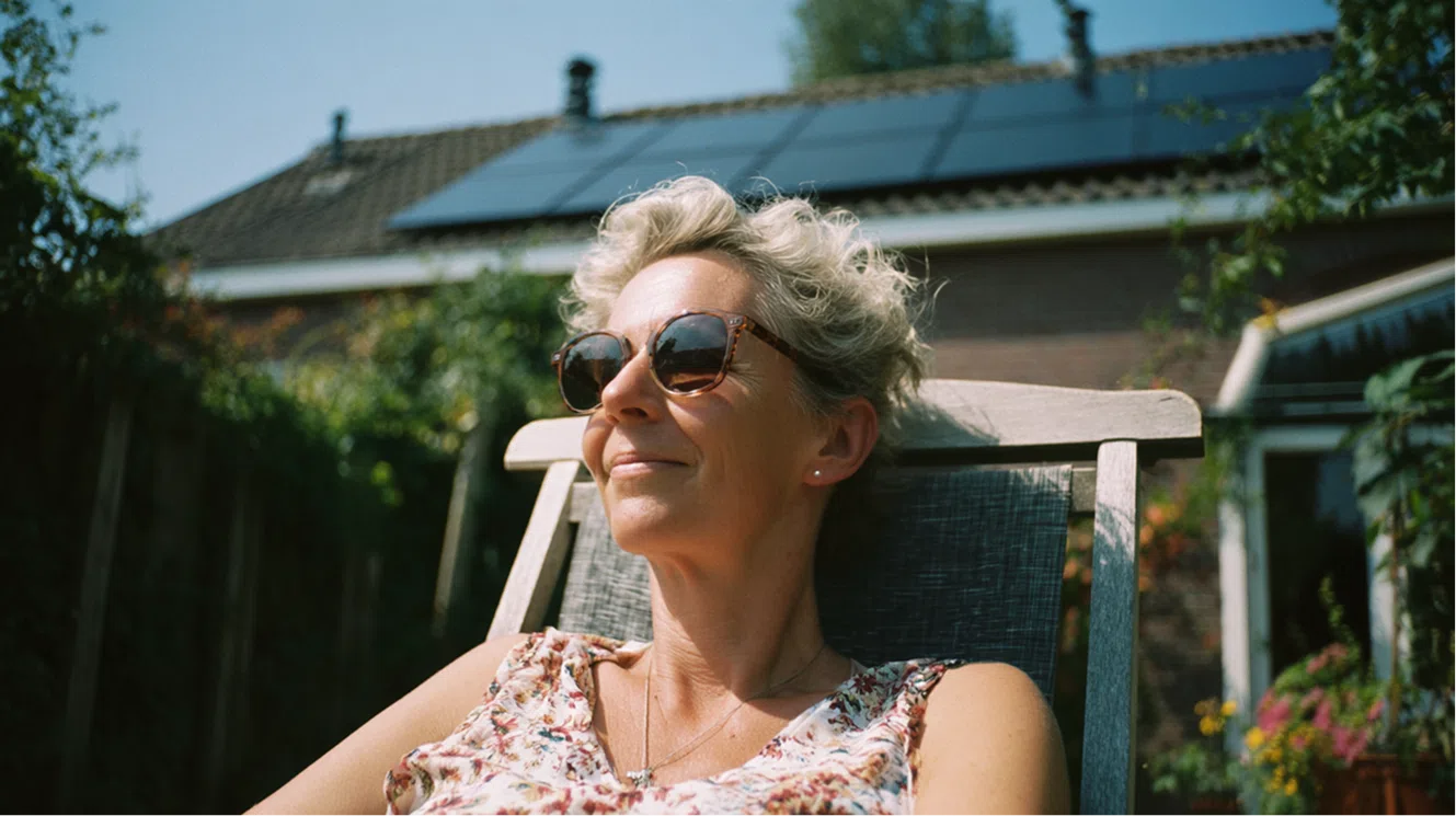 Een vrouw met zonnebril op die voor haar huis met zonnepanelen zit