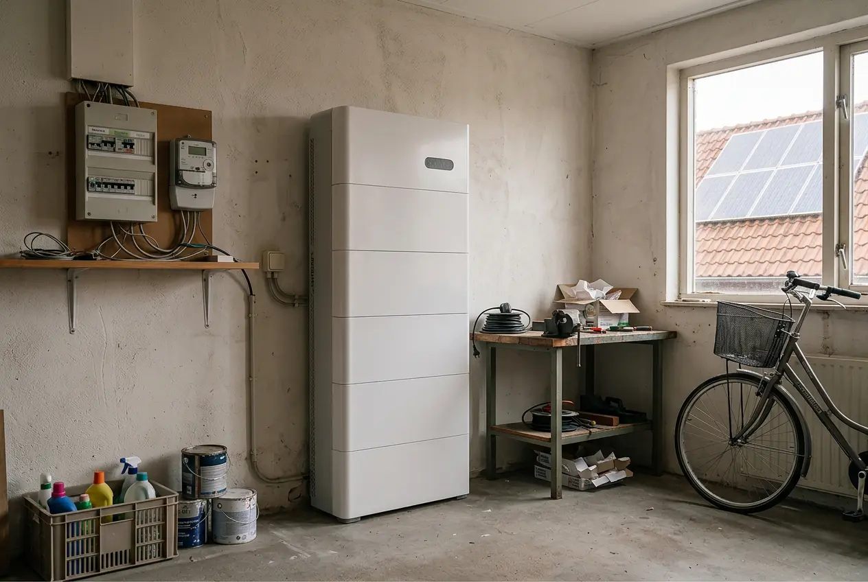 Thuisbatterij in huis met uitzicht op dak met zonnepanelen
