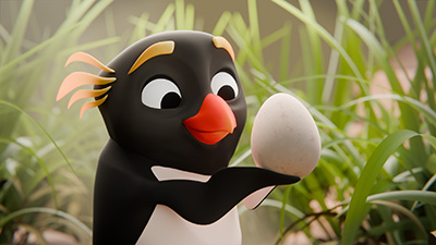 A 3D Rockhopper Penguin holding an egg