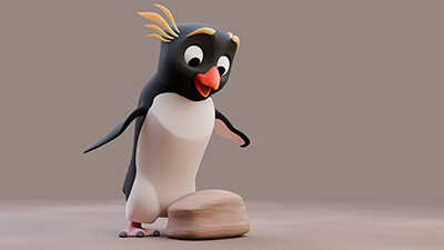 A 3D Rockhopper Penguin about to pickup a rock