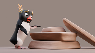 A 3D Rockhopper Penguin pushing some rocks