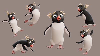 A 3D Rockhopper Penguin in various poses