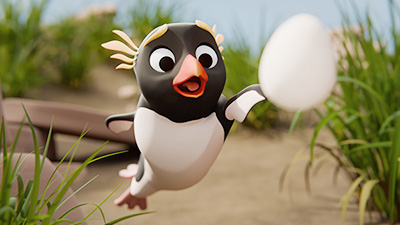 A 3D Rockhopper Penguin trying to catch an egg