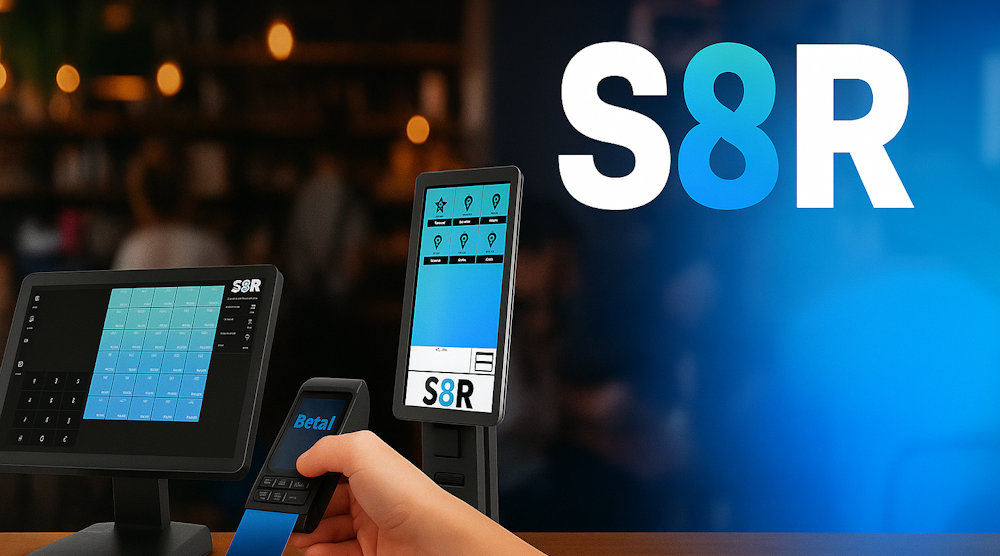 Hand holding a payment device with screens showing S8R point-of-sale system interfaces on a dark background.