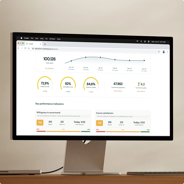 Modern presentation room with a large screen displaying a my-feedback.io code entry and QR code, wooden stools in the foreground.