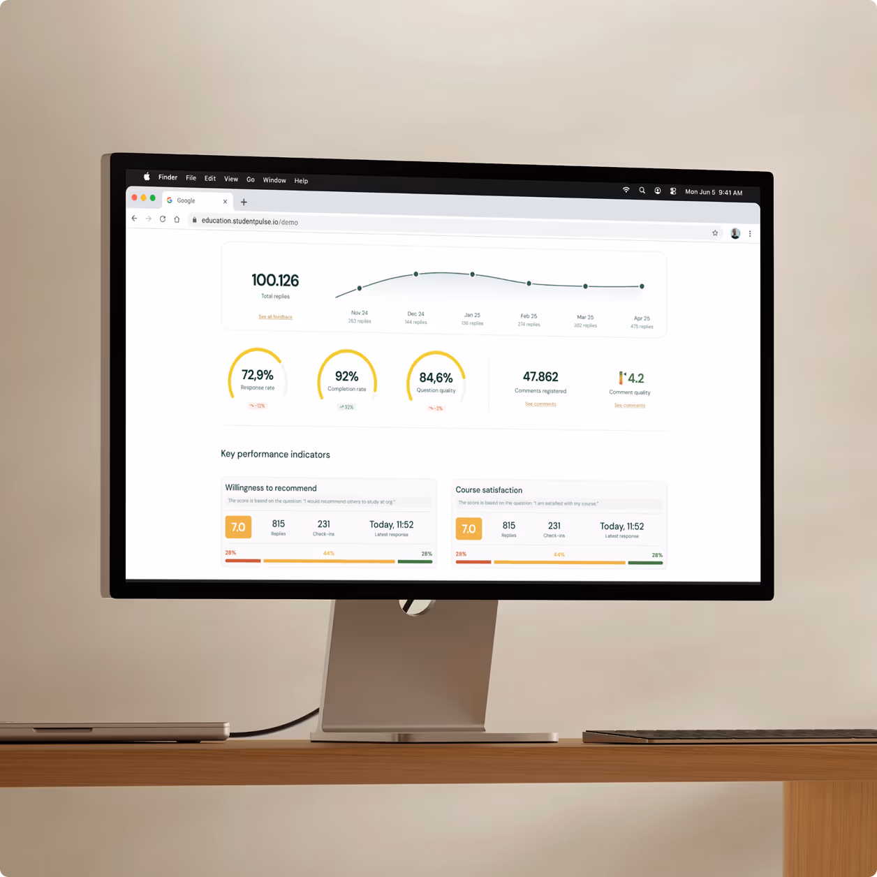 Modern presentation room with a large screen displaying a my-feedback.io code entry and QR code, wooden stools in the foreground.