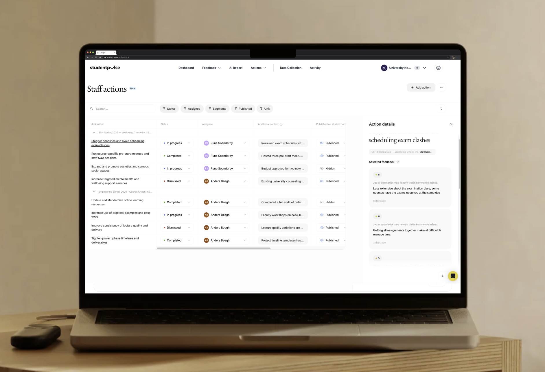Tablet showing a webpage with student average scores in academic and personal categories, including stress management and personal growth, with percentages and reply counts.