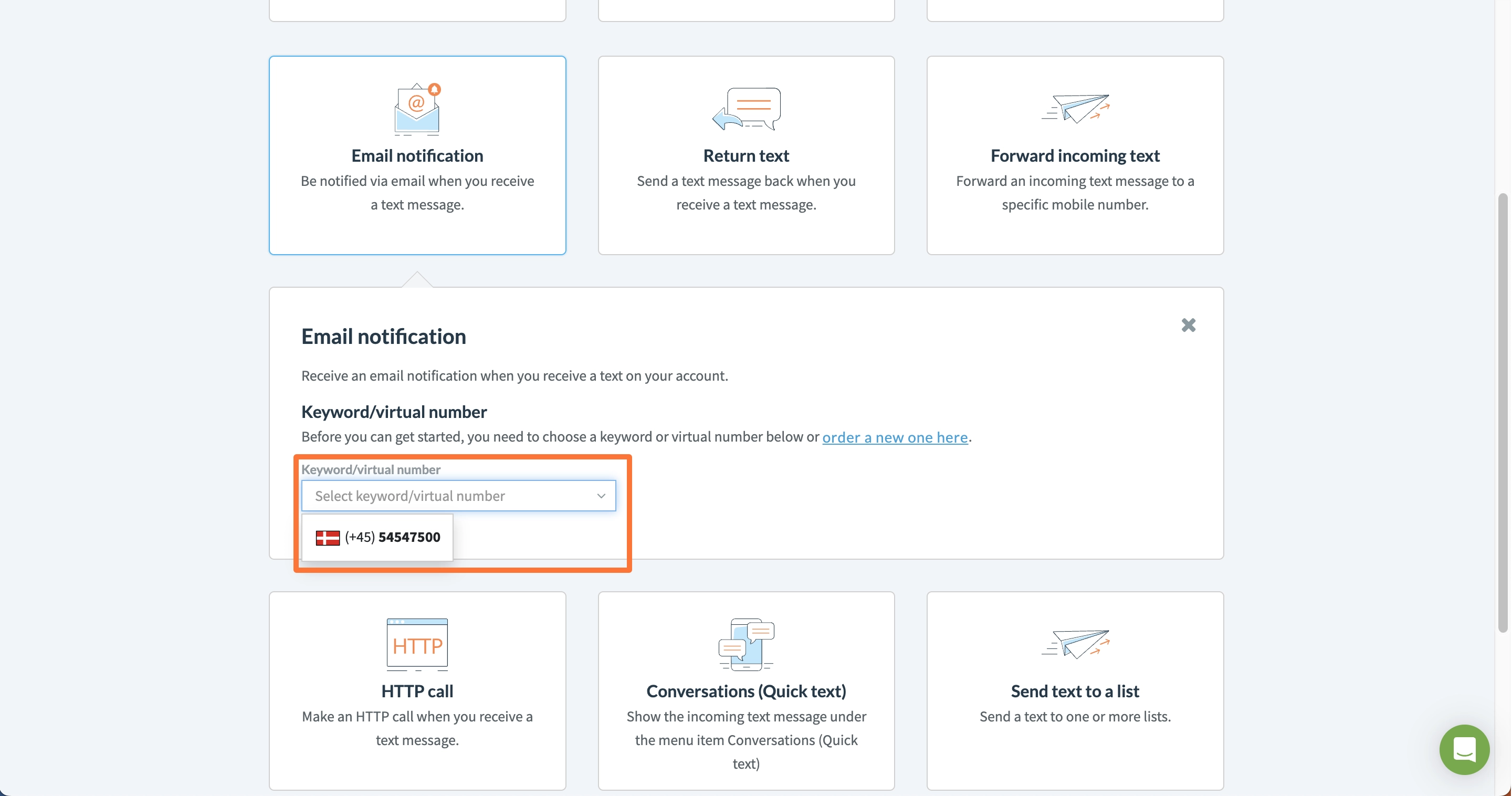 Screenshot of the system showing where you can choose a virtuel number in a dropdown.