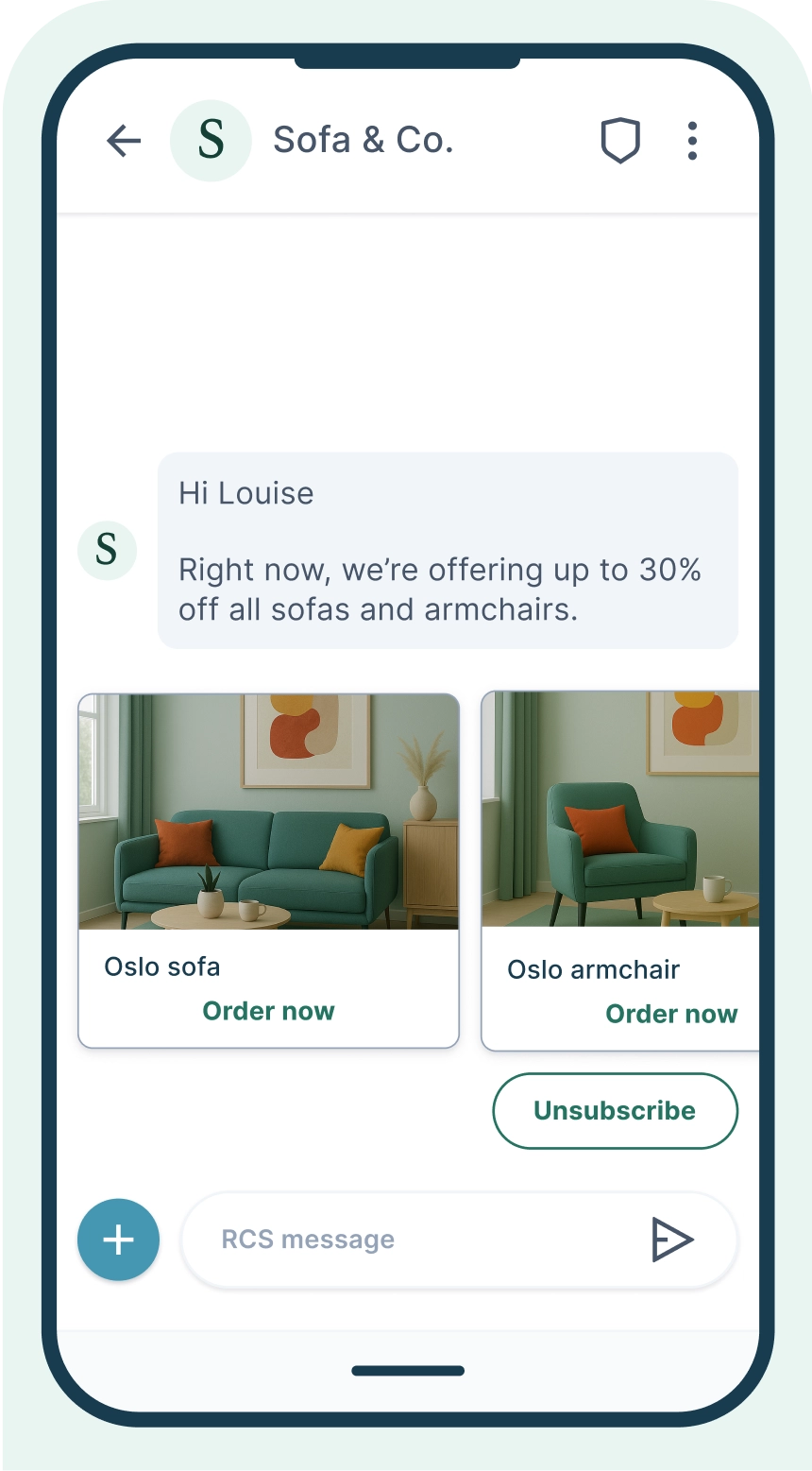 Example of an RCS message from a sofa store featuring images of a sofa and an armchair.