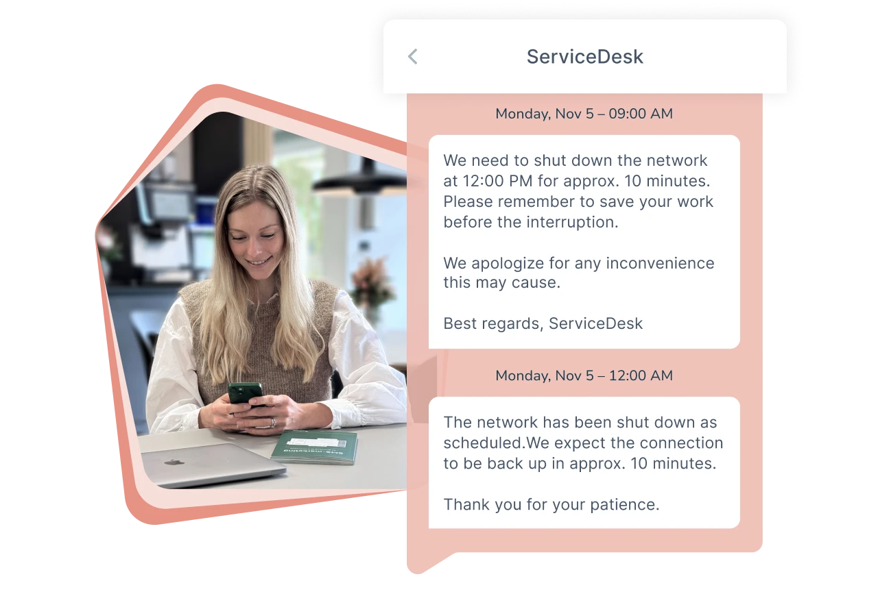 Mobile service messages about scheduled network interruption and status update.