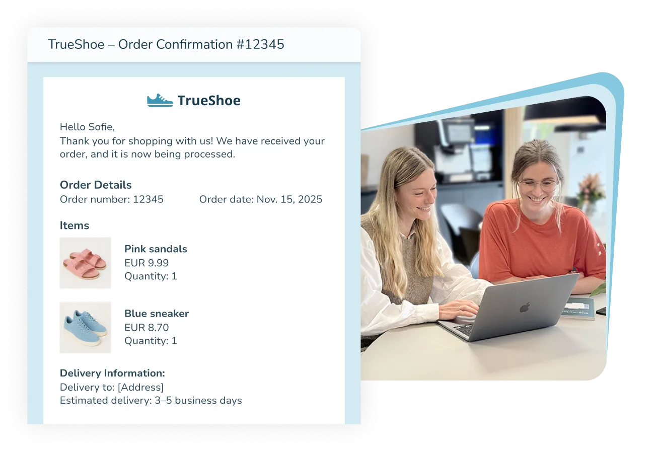 En digital ordrebekreftelse fra TrueShoe vises, mens to kolleger sitter sammen og jobber ved en laptop.