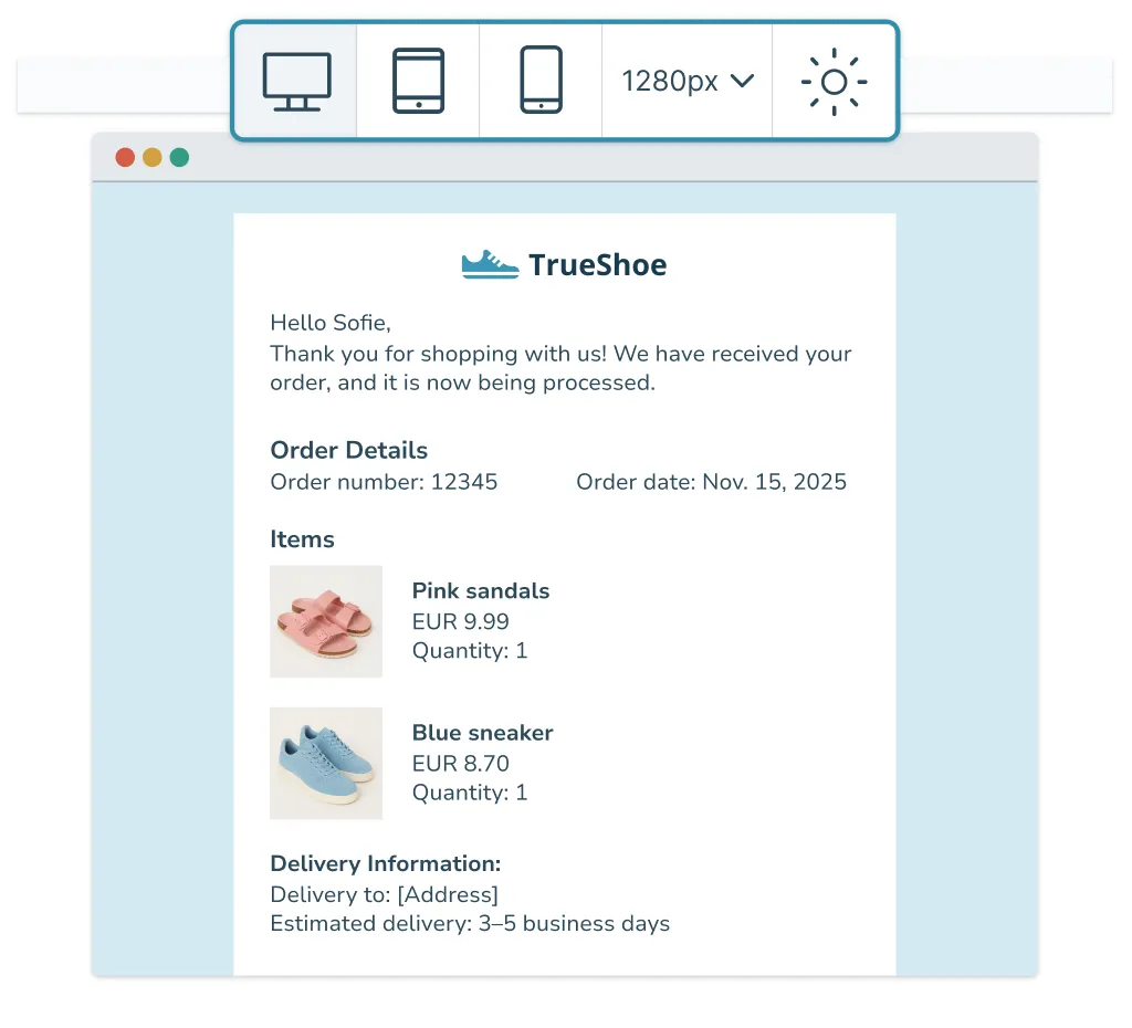 Responsiv visning av en TrueShoe-ordrebekreftelse tilpasset desktop og mobil med tydelige ordredetaljer.