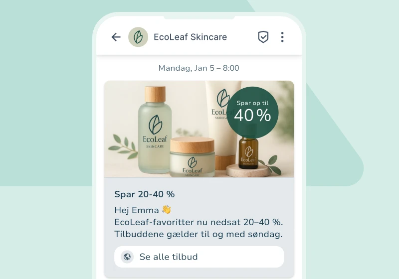 RCS-kampagnebesked på mobil med EcoLeaf hudplejeprodukter og rabatbudskab.