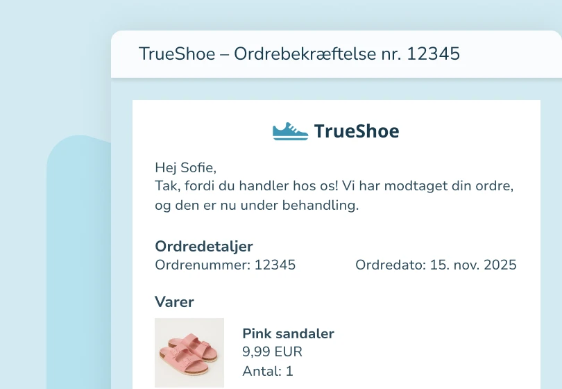 Skærmbillede af en ordrebekræftelse fra TrueShoe med ordredetaljer og billede af pink sandaler.