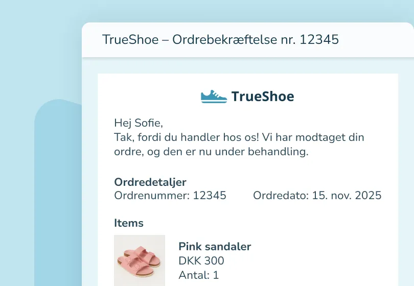 Skærmbillede af en ordrebekræftelse fra TrueShoe med ordredetaljer og billede af pink sandaler.