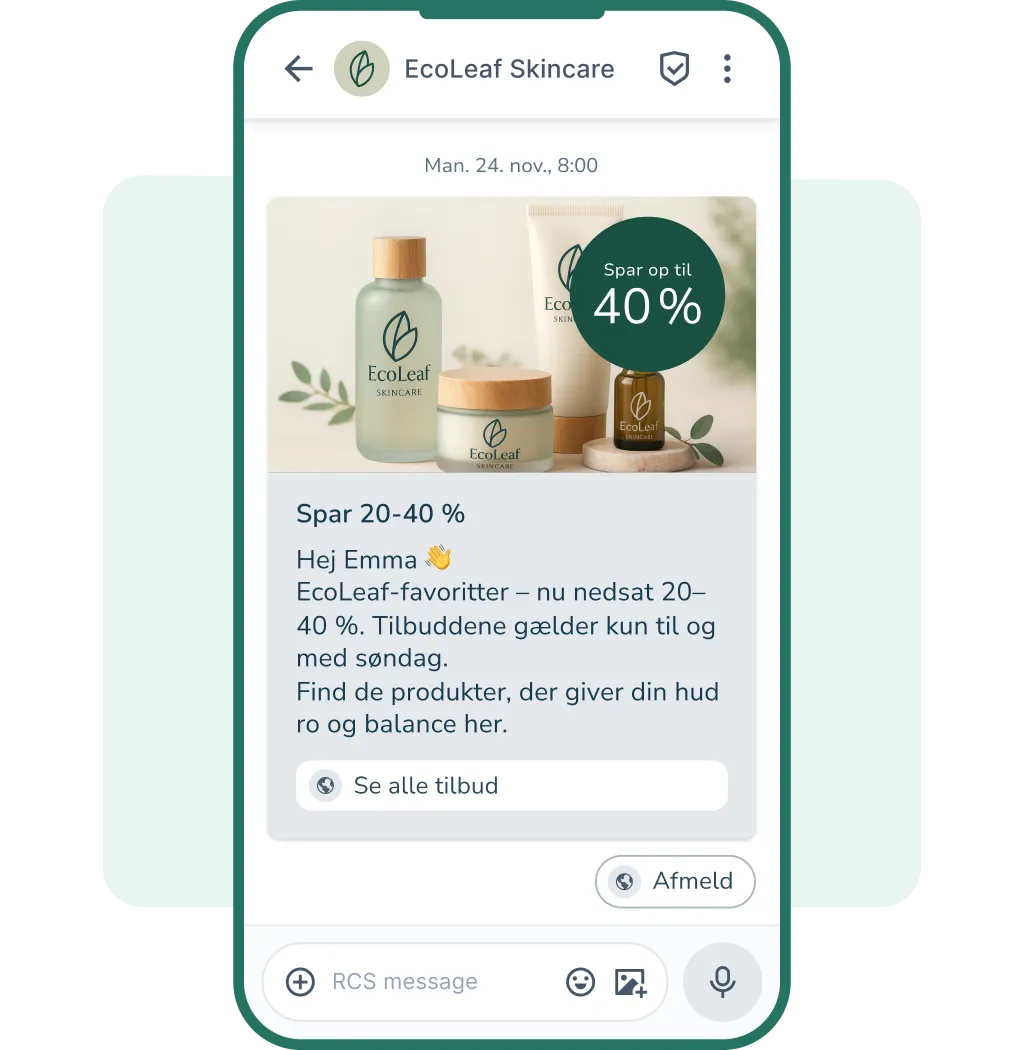 RCS-marketingbesked på mobil viser produkter med personligt indhold og rabat samt CTA knapper.