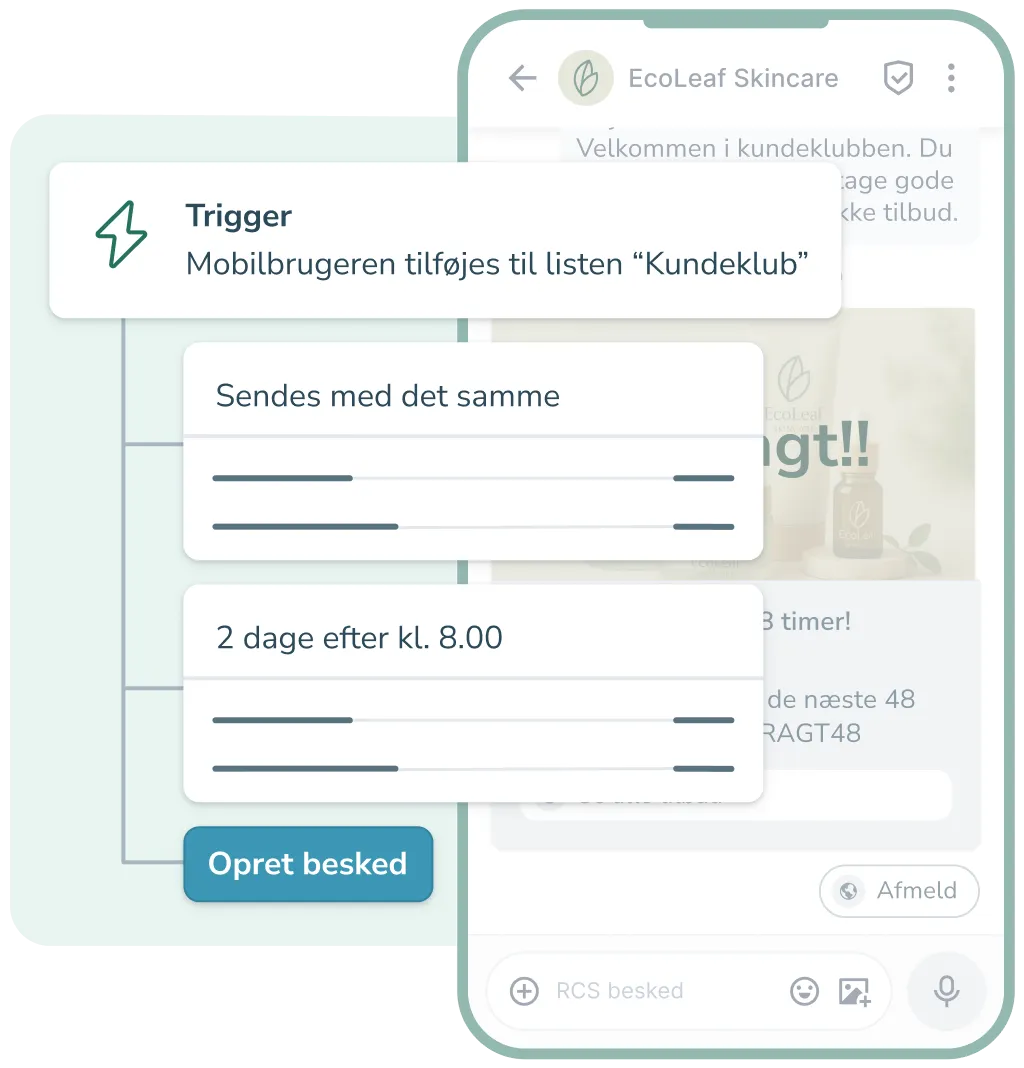 Automatiseret flow viser opsatte beskeder med planlagt afsendelse, når en mobilbruger tilføjes kundeklubben.
