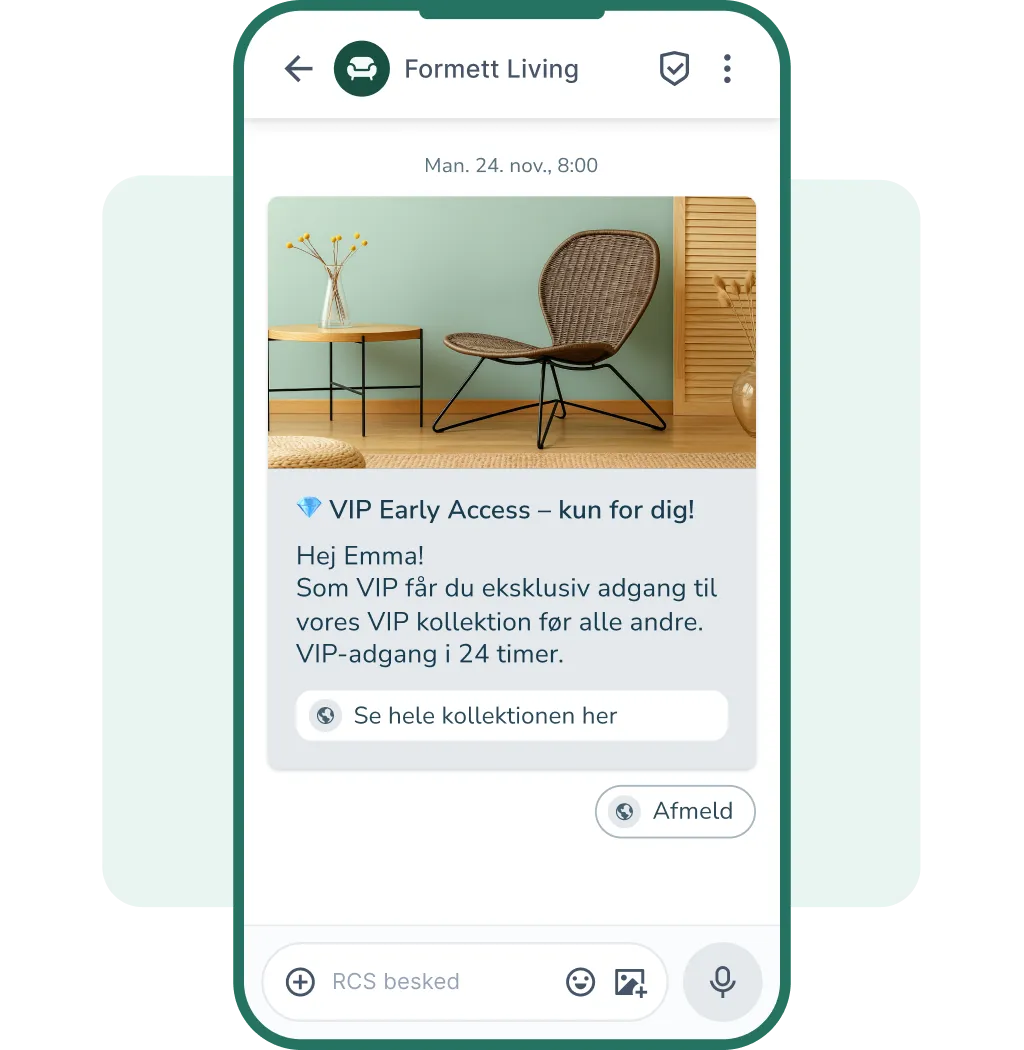RCS-marketingbesked på mobil viser VIP early access til møbelkollektion med billede, personlig hilsen og CTA-knap.