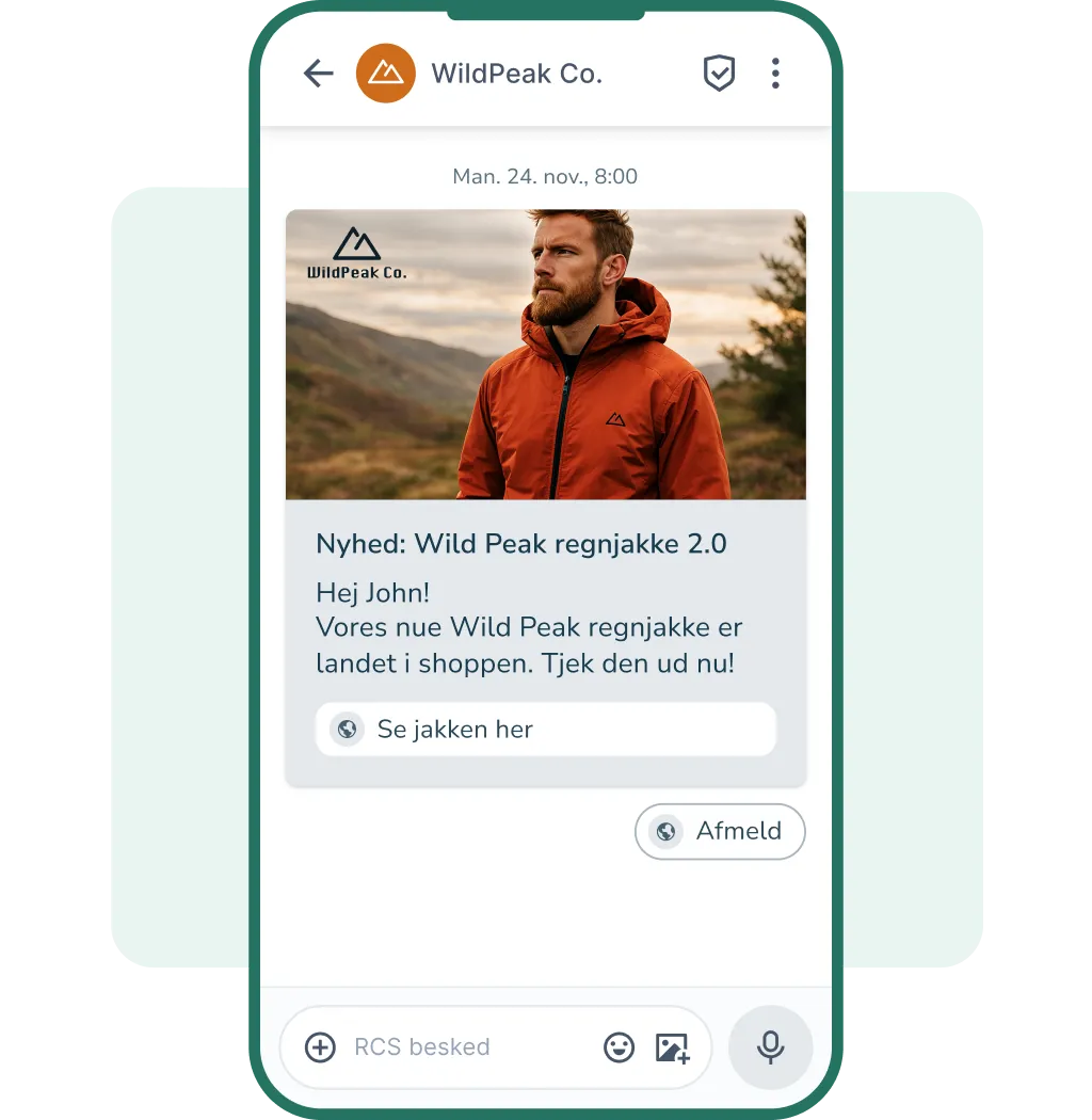RCS-marketingbesked på mobil præsenterer en ny regnjakke med billede, personlig hilsen og CTA-knap.