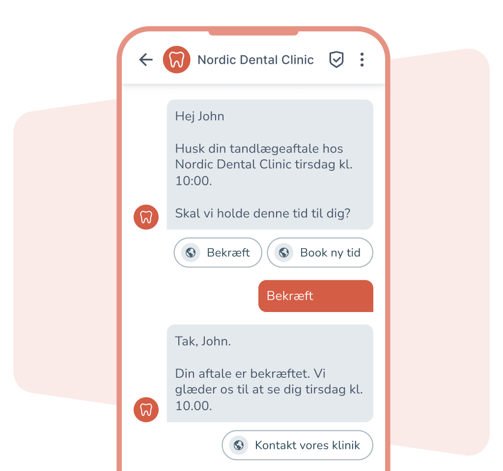 Interaktiv besked på mobil med bekræftelse af tandlægetid og svarmuligheder.