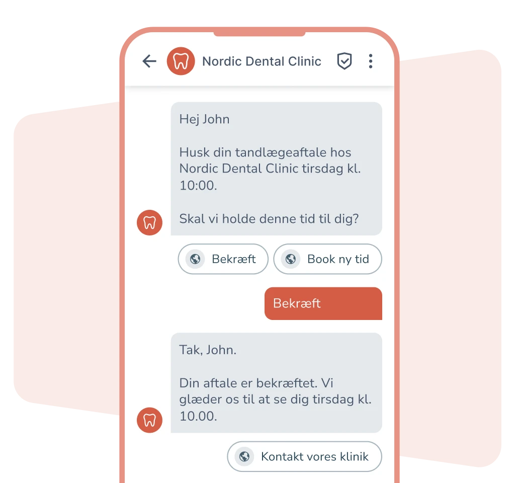 Interaktiv besked på mobil med bekræftelse af tandlægetid og svarmuligheder.